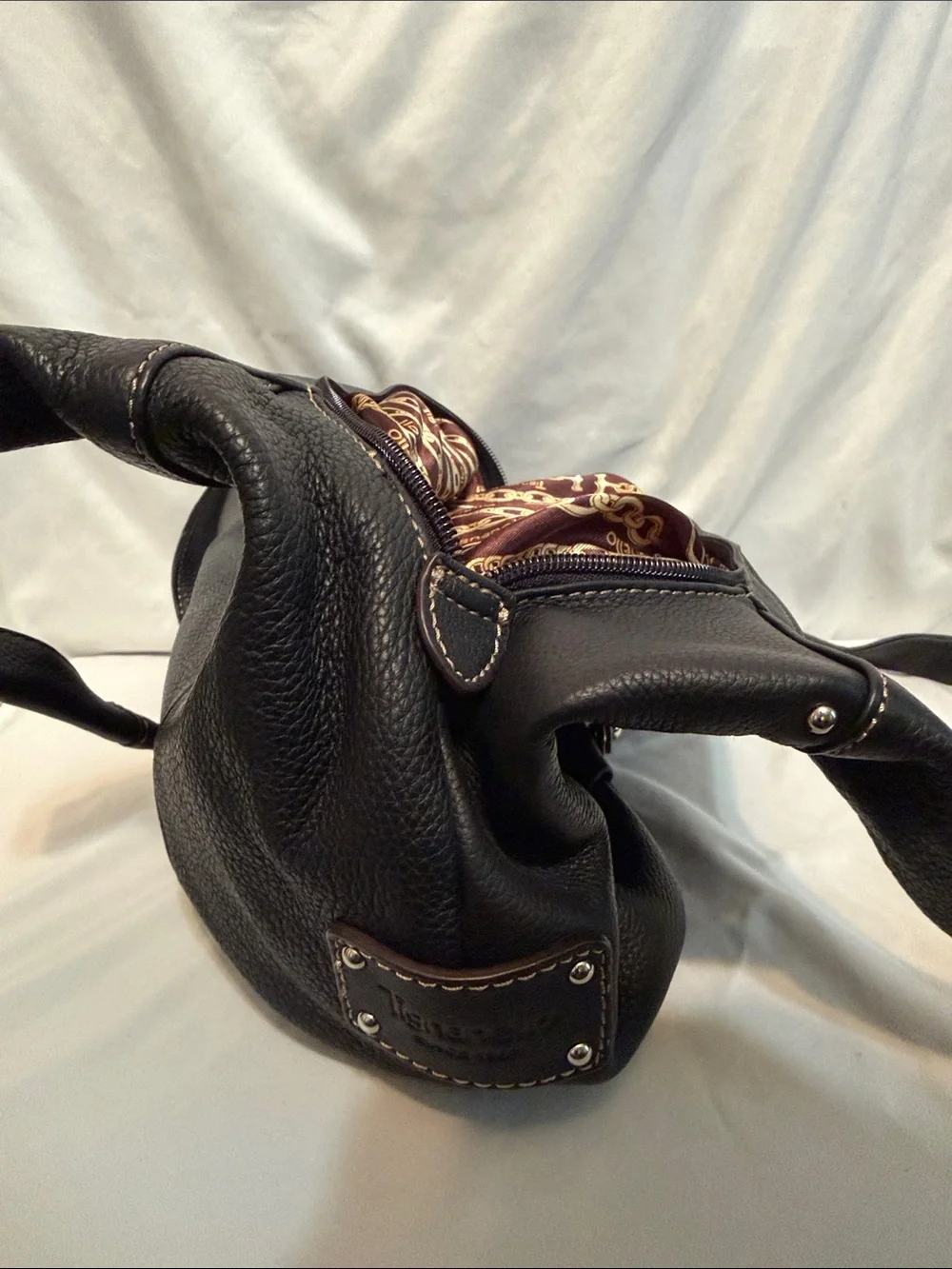 Tignanello Classic Black Leather Tote Bag with Zip Pockets